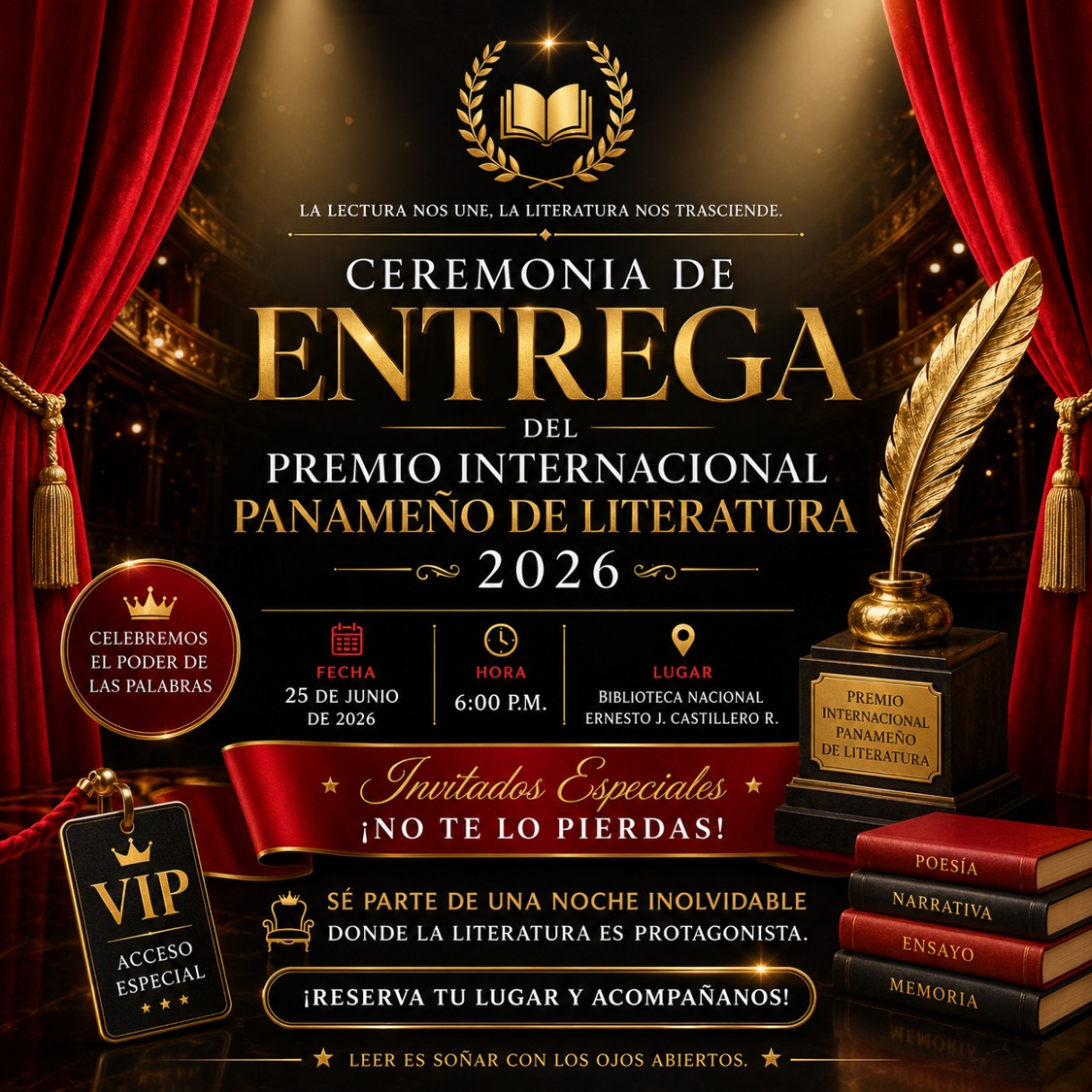 Invitación a la Ceremonia de Entrega del Premio Internacional Panameño de Literatura 2026, 25 de junio, 6:00 p.m., Biblioteca Nacional Ernesto J. Castillero R.